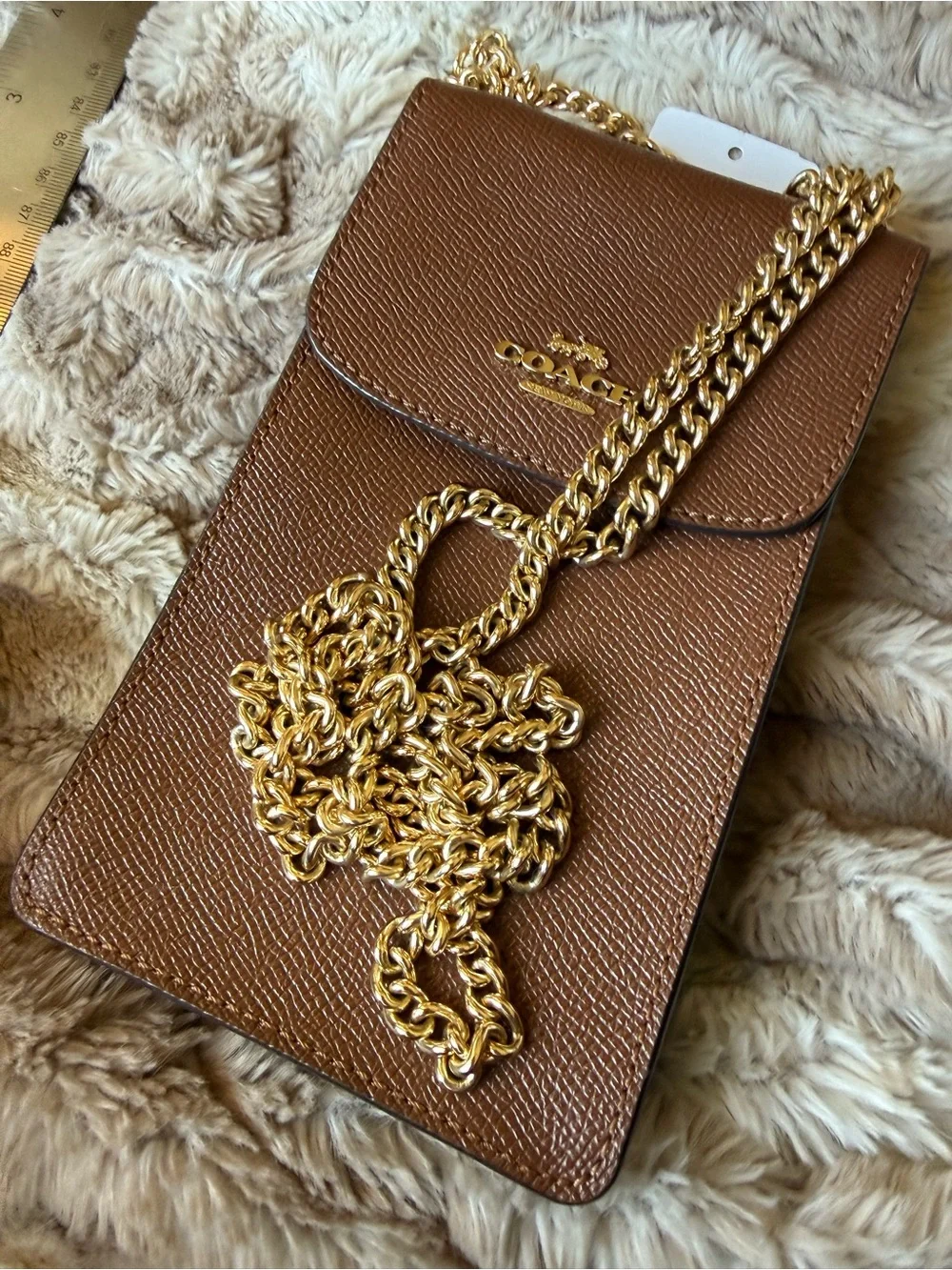 Coach saddle Brown Leather phone card Crossbody Pouch with Gold Chain - Picture 6 of 6